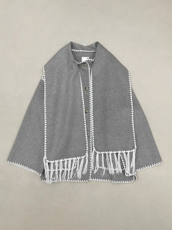 Embroidered Wool Scarf Fringe Coat Jacket