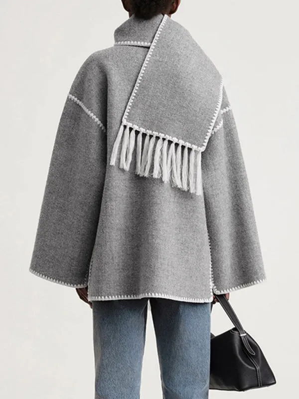 Embroidered Wool Scarf Fringe Coat Jacket