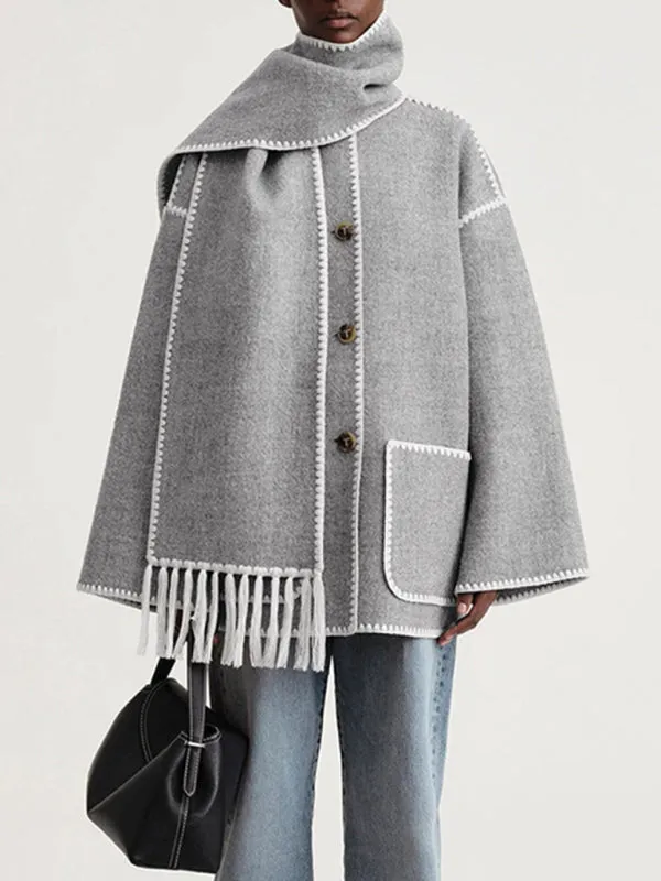 Embroidered Wool Scarf Fringe Coat Jacket