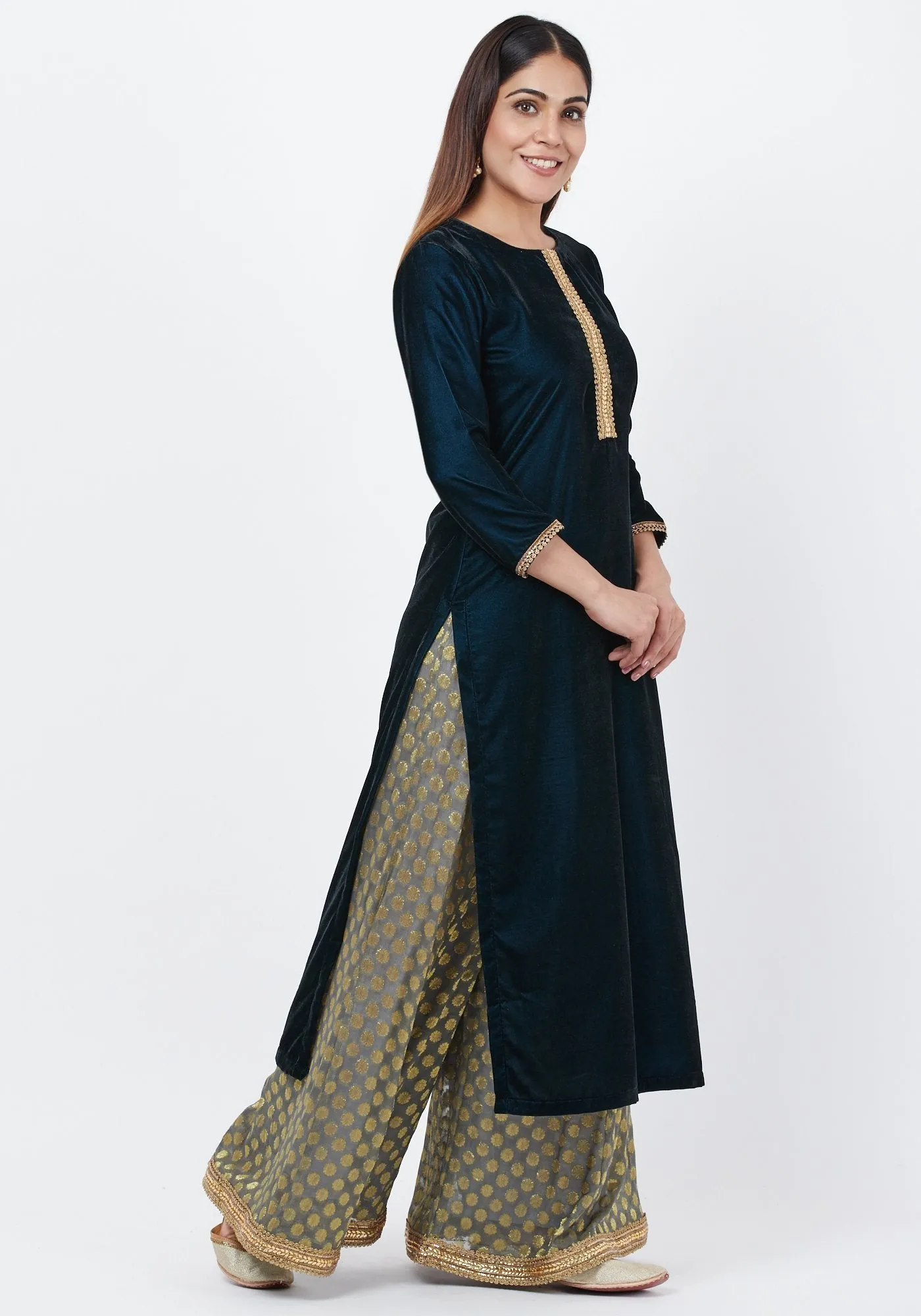 Empress Teal Gold Velvet Kundan Kurti with Banarsi Palazzo