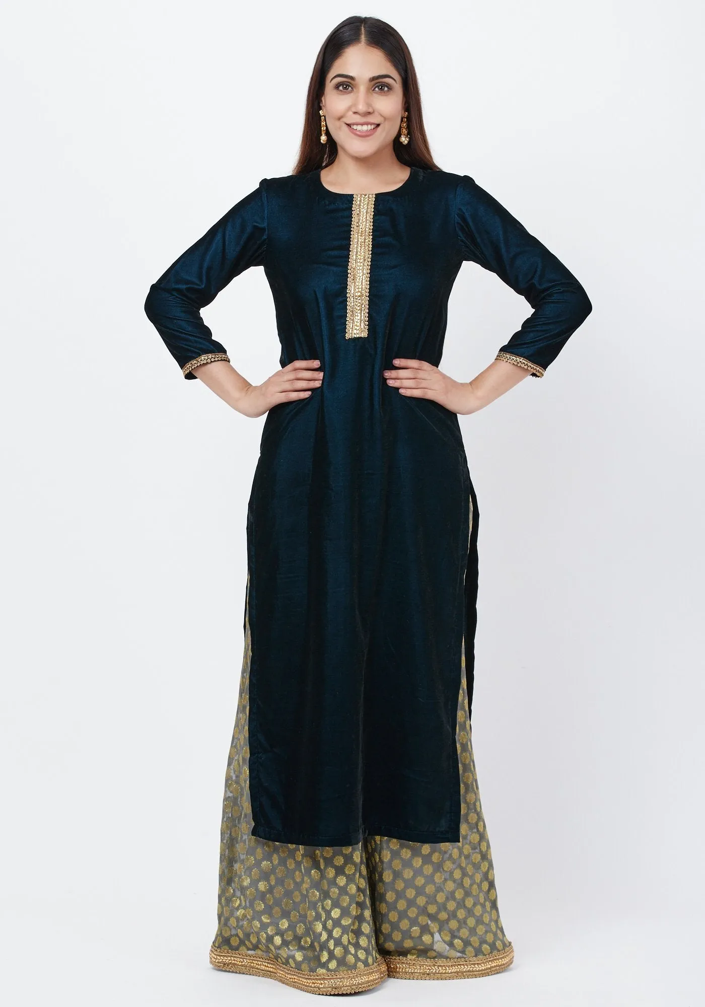 Empress Teal Gold Velvet Kundan Kurti with Banarsi Palazzo