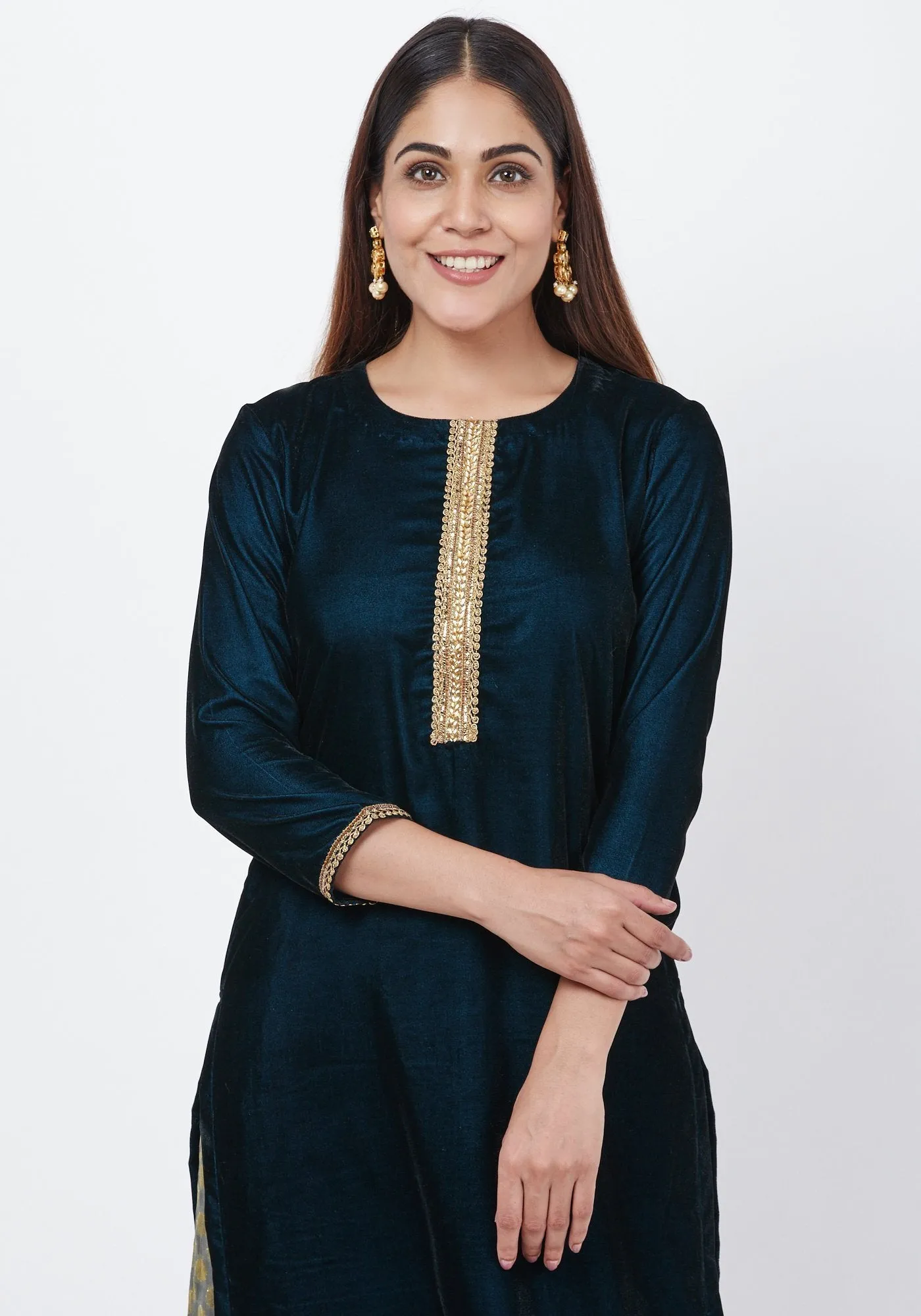 Empress Teal Gold Velvet Kundan Kurti with Banarsi Palazzo