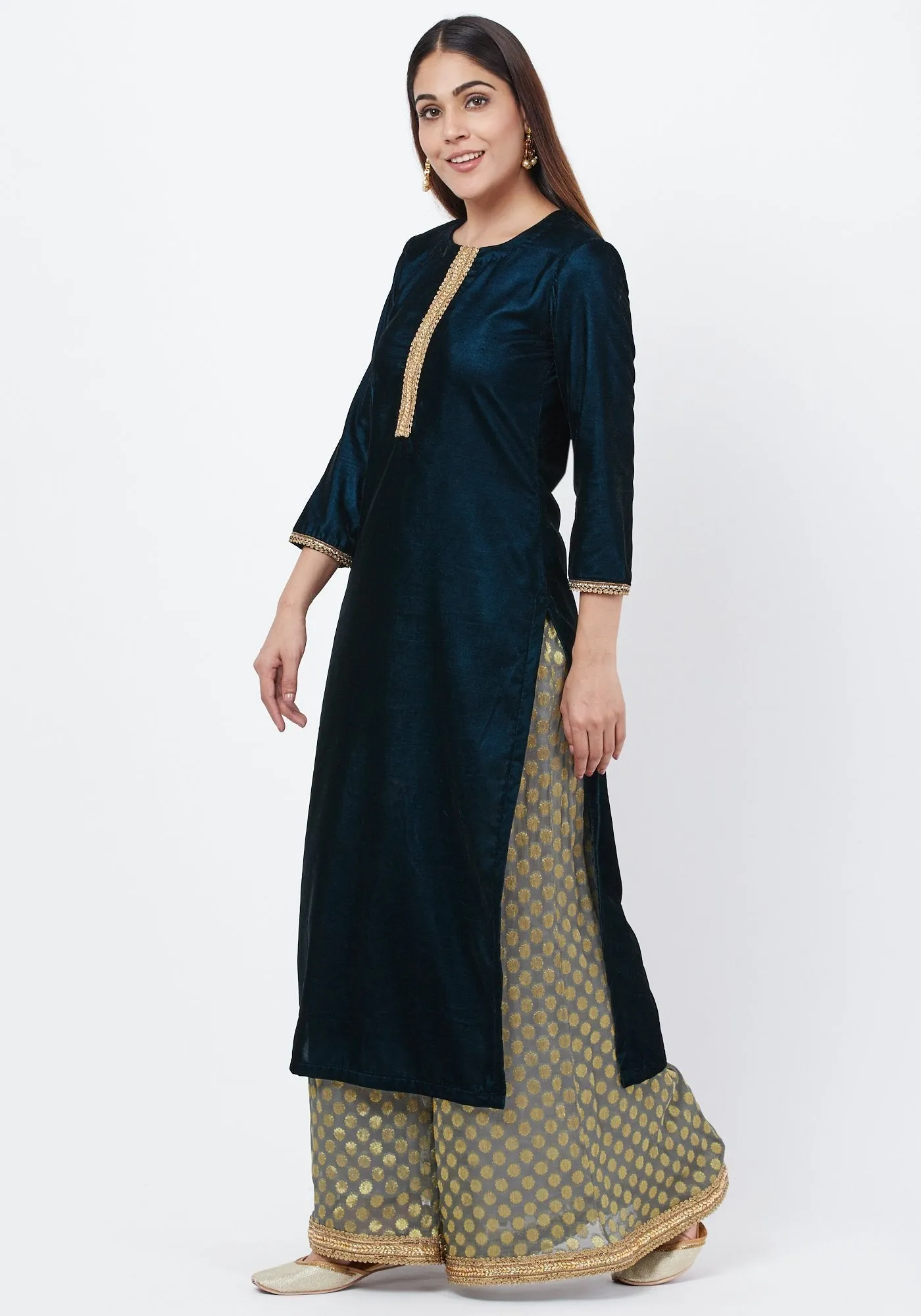 Empress Teal Gold Velvet Kundan Kurti with Banarsi Palazzo