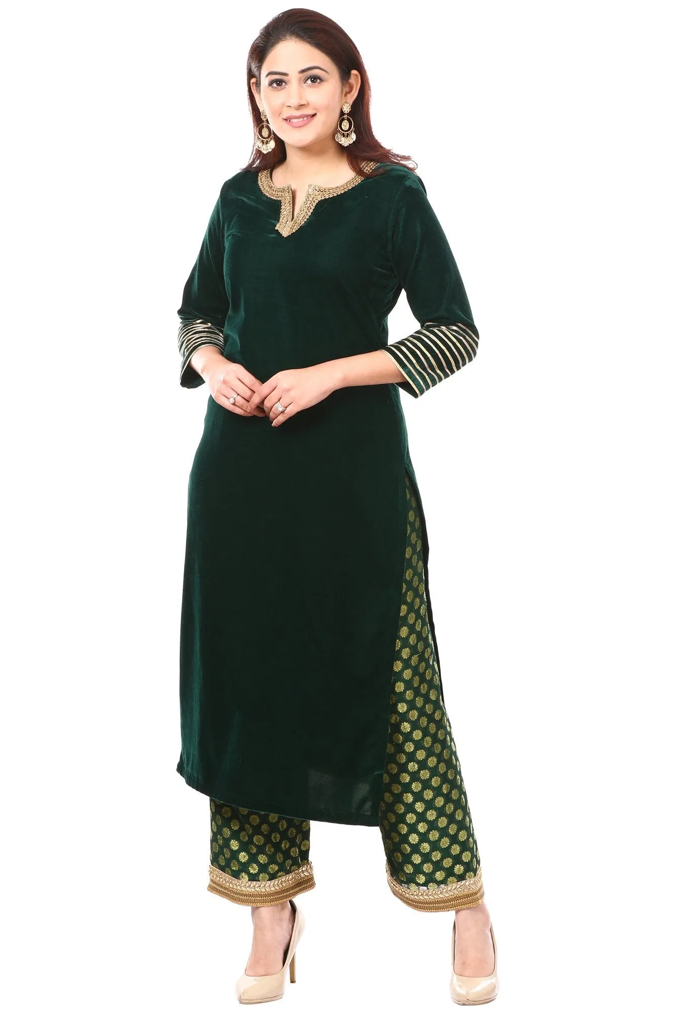 Forest Green Velvet Kurti with Straight Banarsi Palazzo