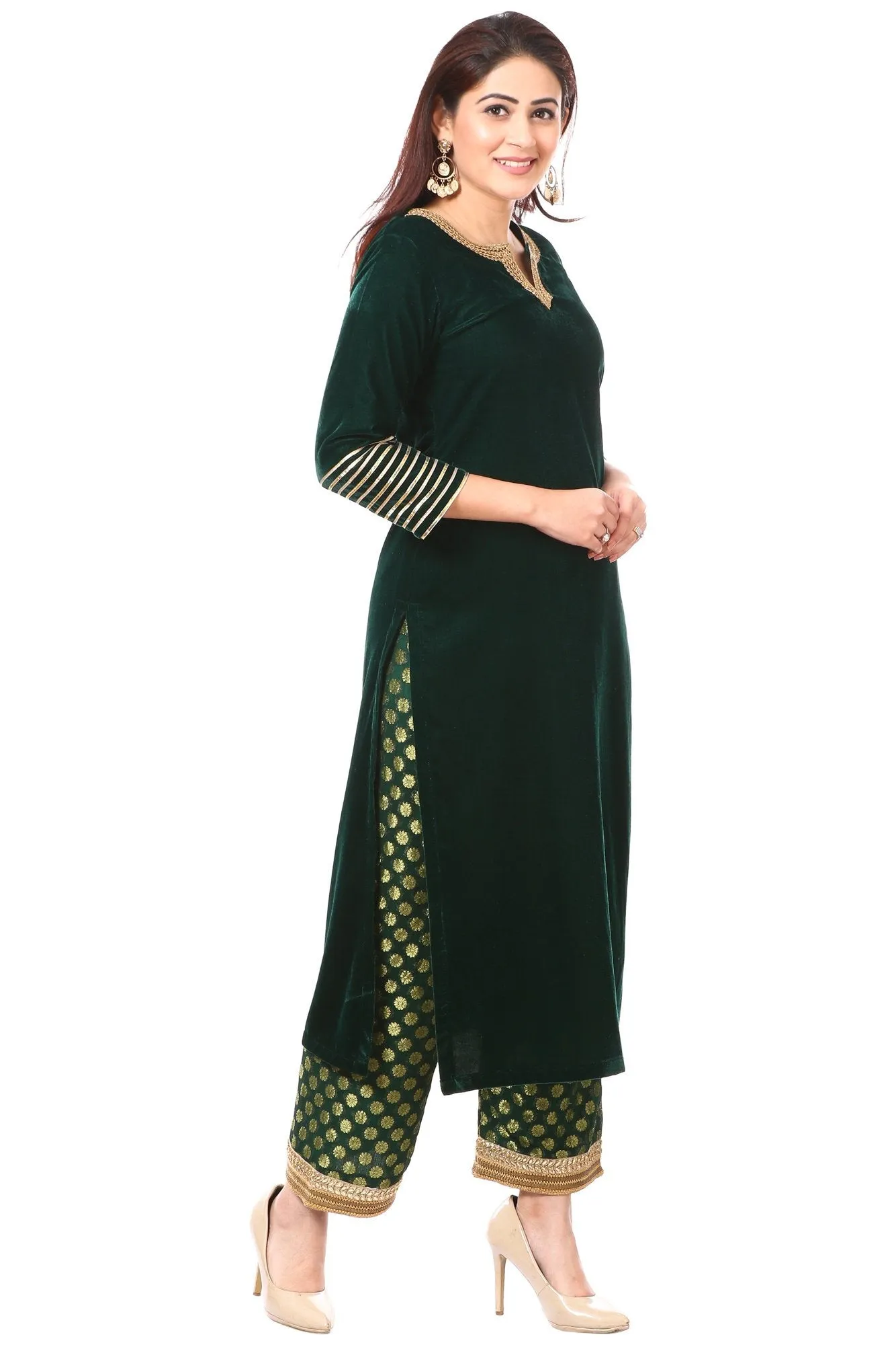 Forest Green Velvet Kurti with Straight Banarsi Palazzo