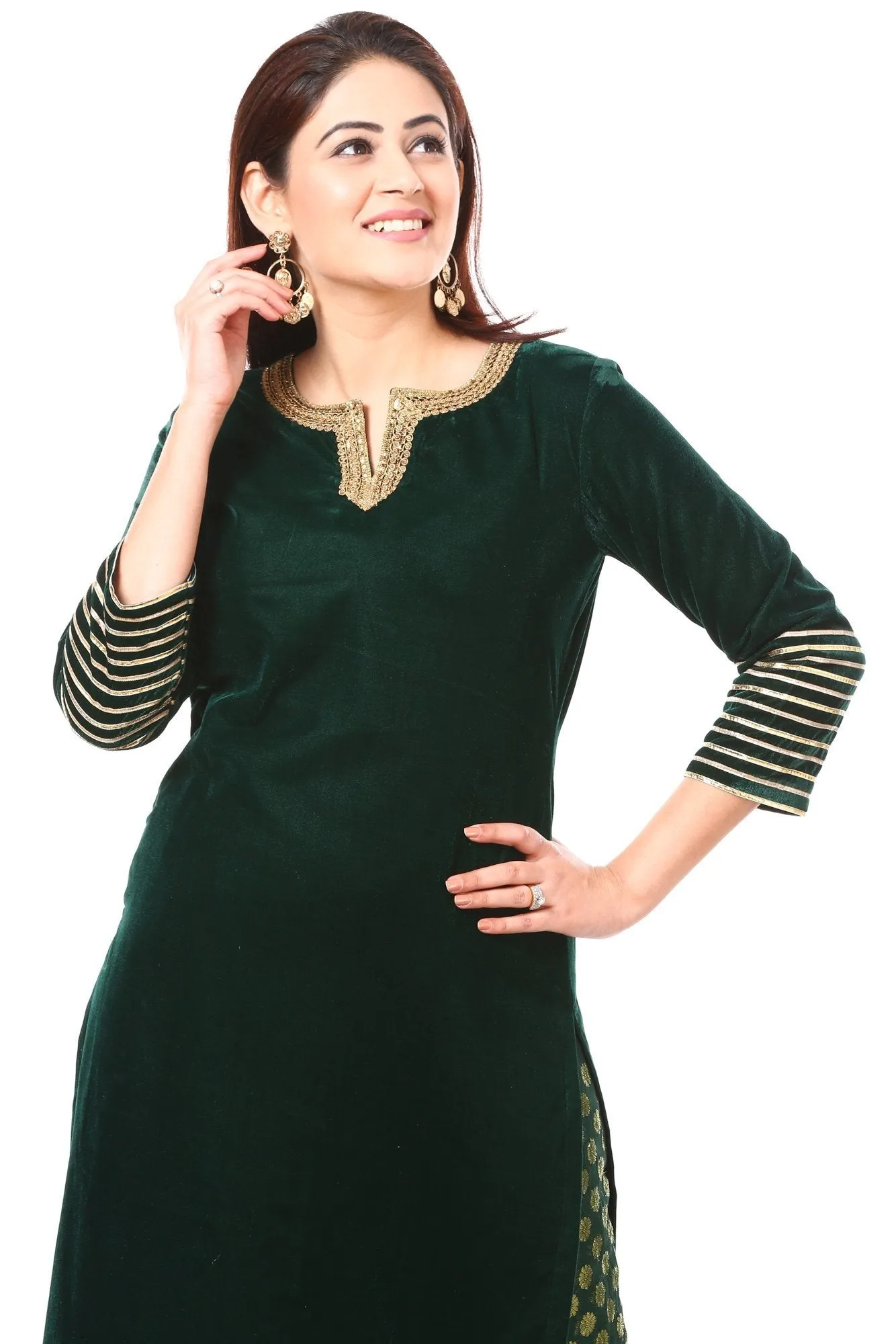 Forest Green Velvet Kurti with Straight Banarsi Palazzo