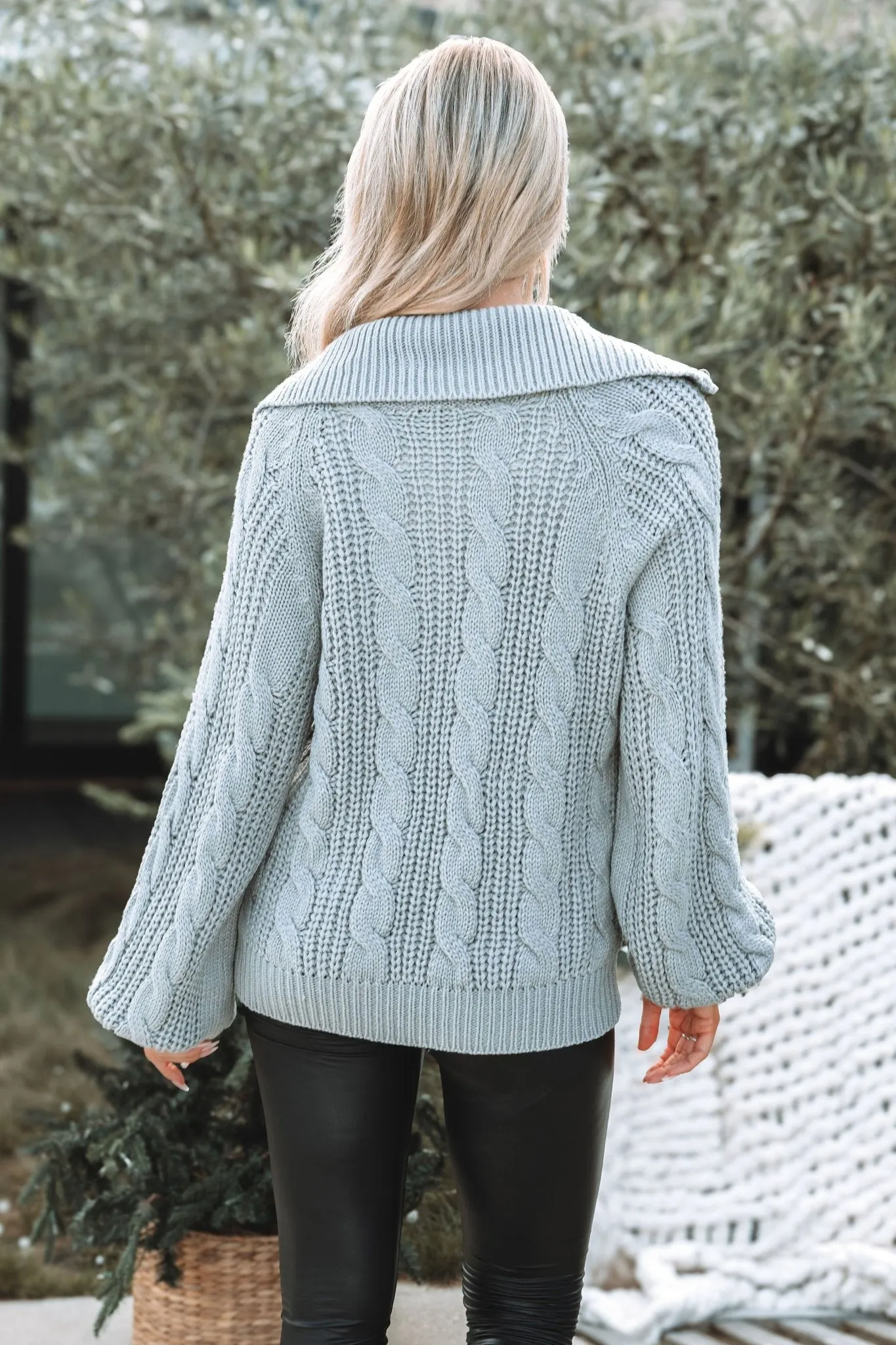 Grey Cable Knit Zip Up Sweater