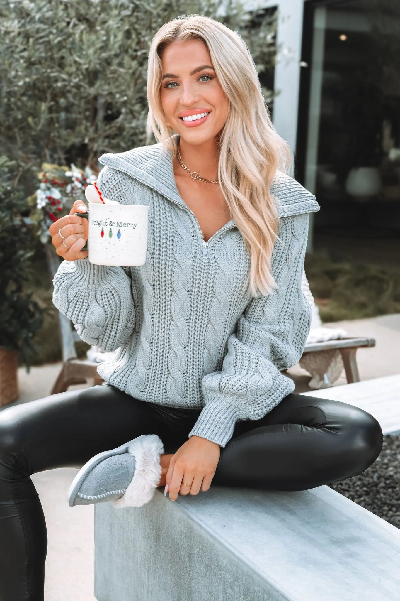 Grey Cable Knit Zip Up Sweater