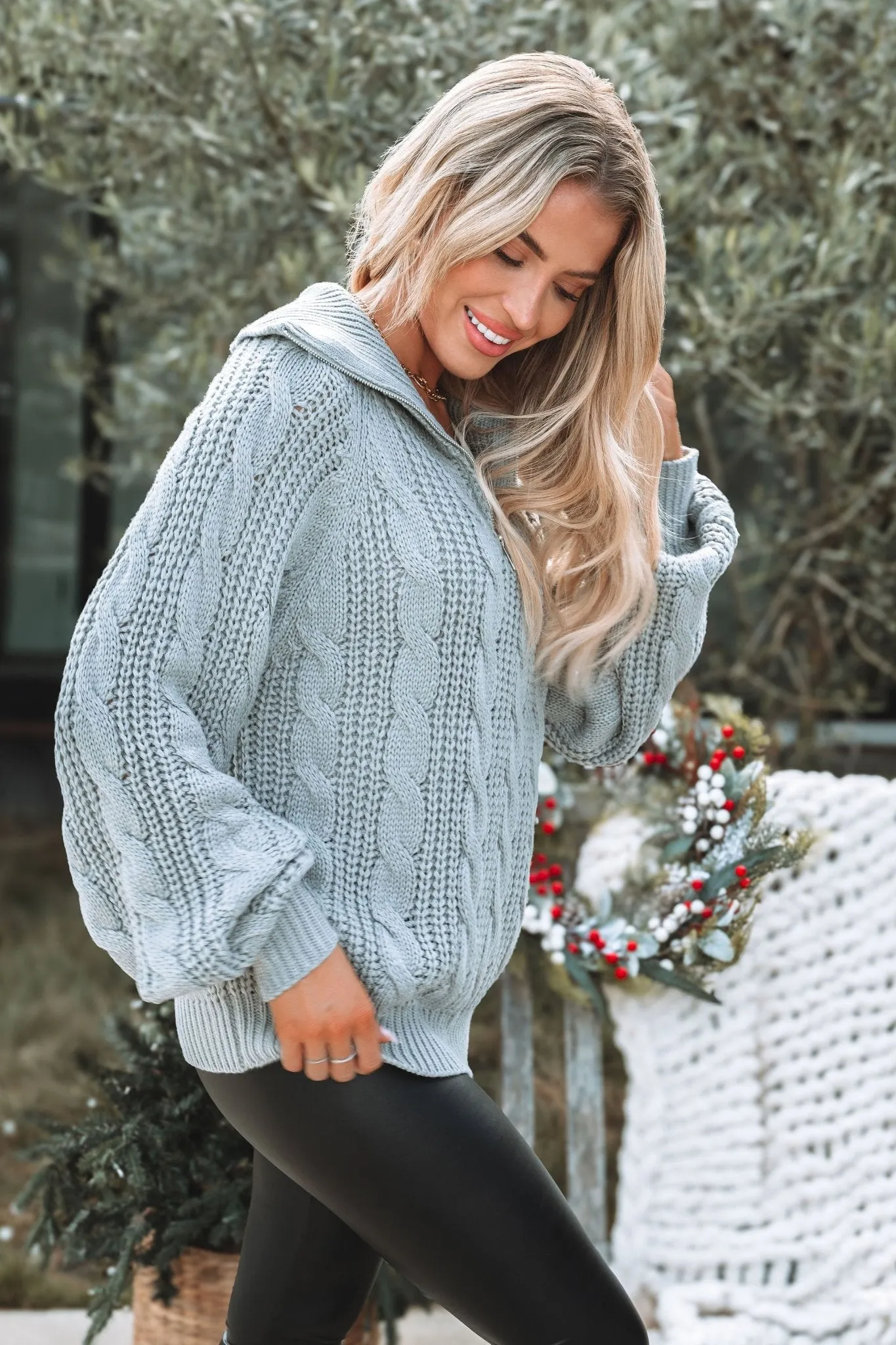 Grey Cable Knit Zip Up Sweater