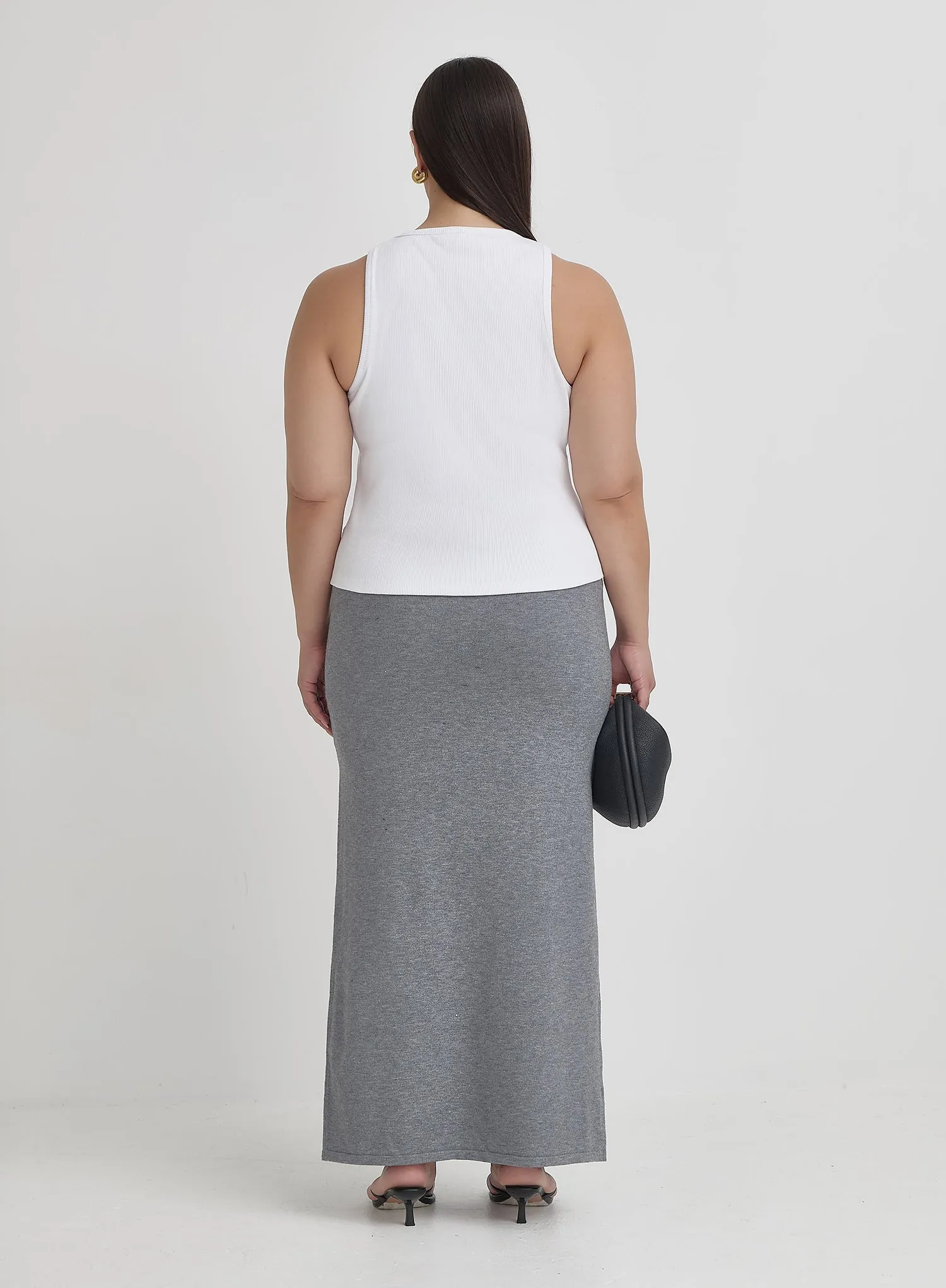 Grey Plus Size Knit Tie Front Maxi Skirt- Alana