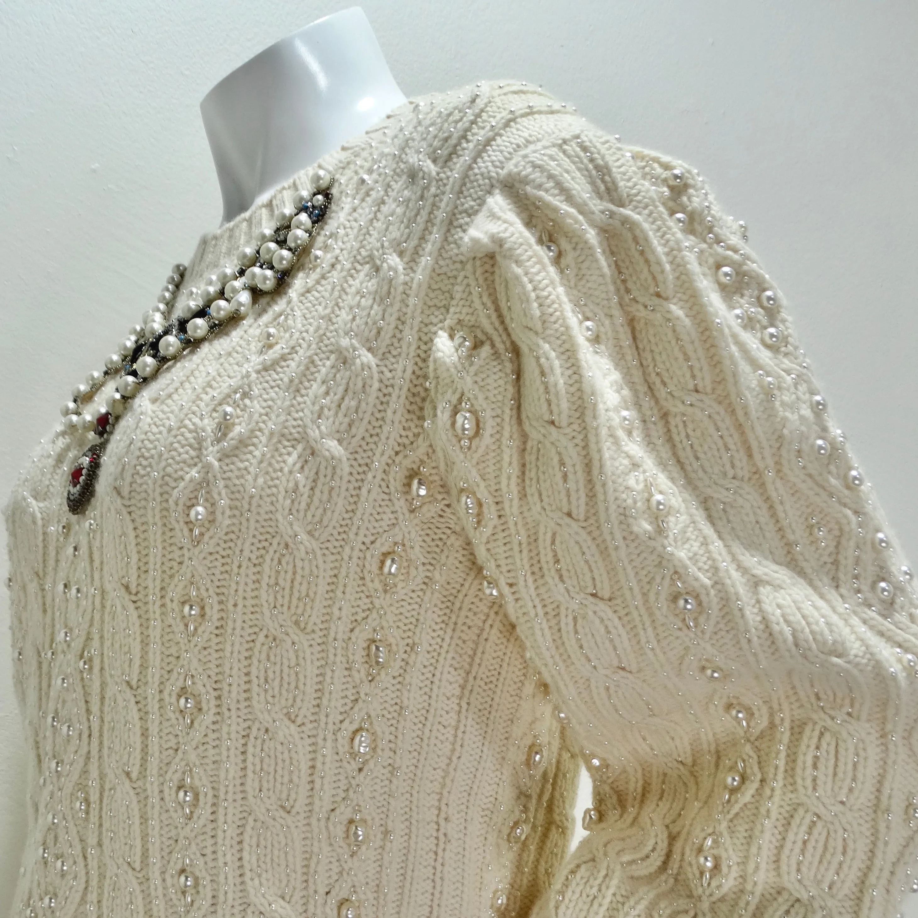 Gucci Cream Pearl Embellished Wool Cable Knit Sweater