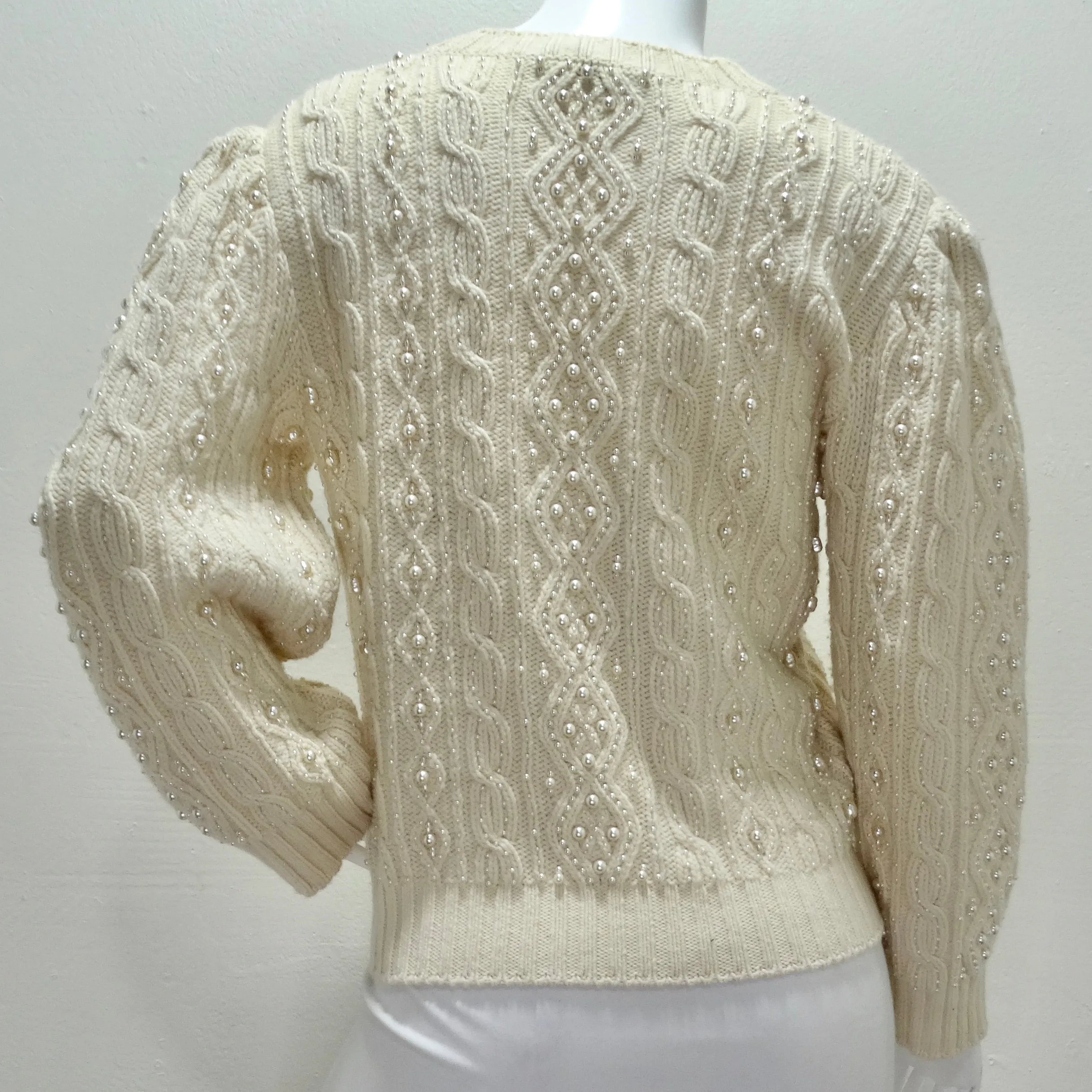 Gucci Cream Pearl Embellished Wool Cable Knit Sweater