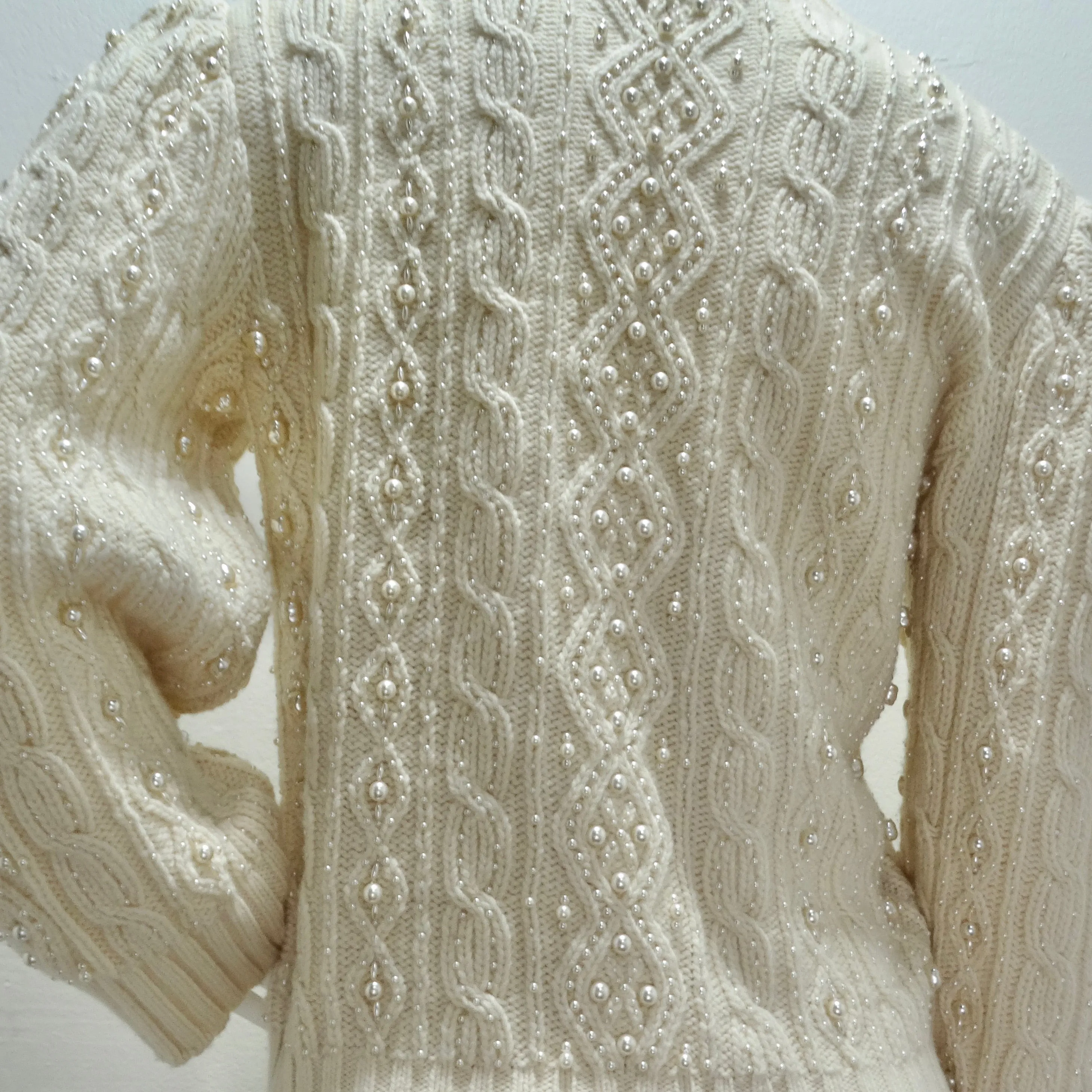 Gucci Cream Pearl Embellished Wool Cable Knit Sweater