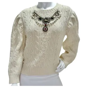 Gucci Cream Pearl Embellished Wool Cable Knit Sweater