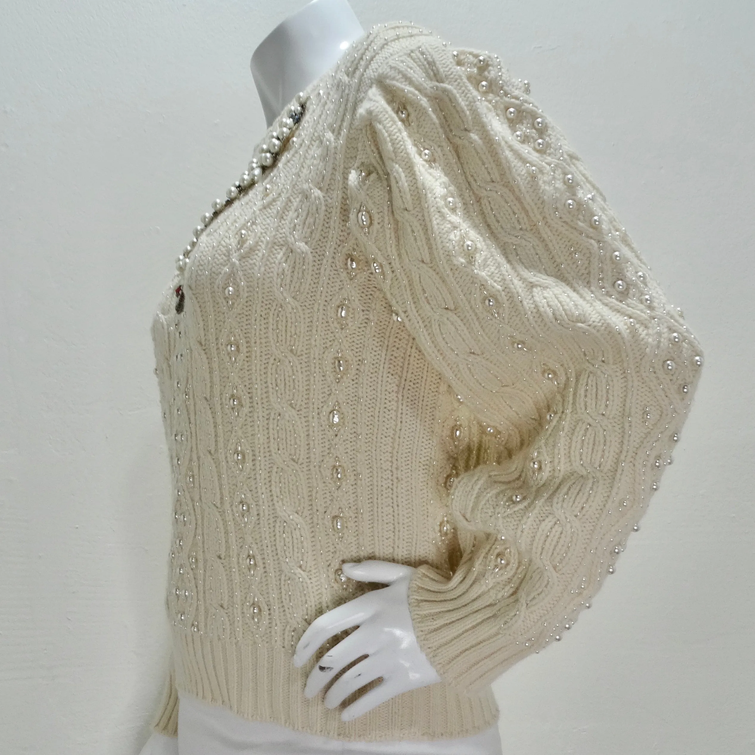 Gucci Cream Pearl Embellished Wool Cable Knit Sweater