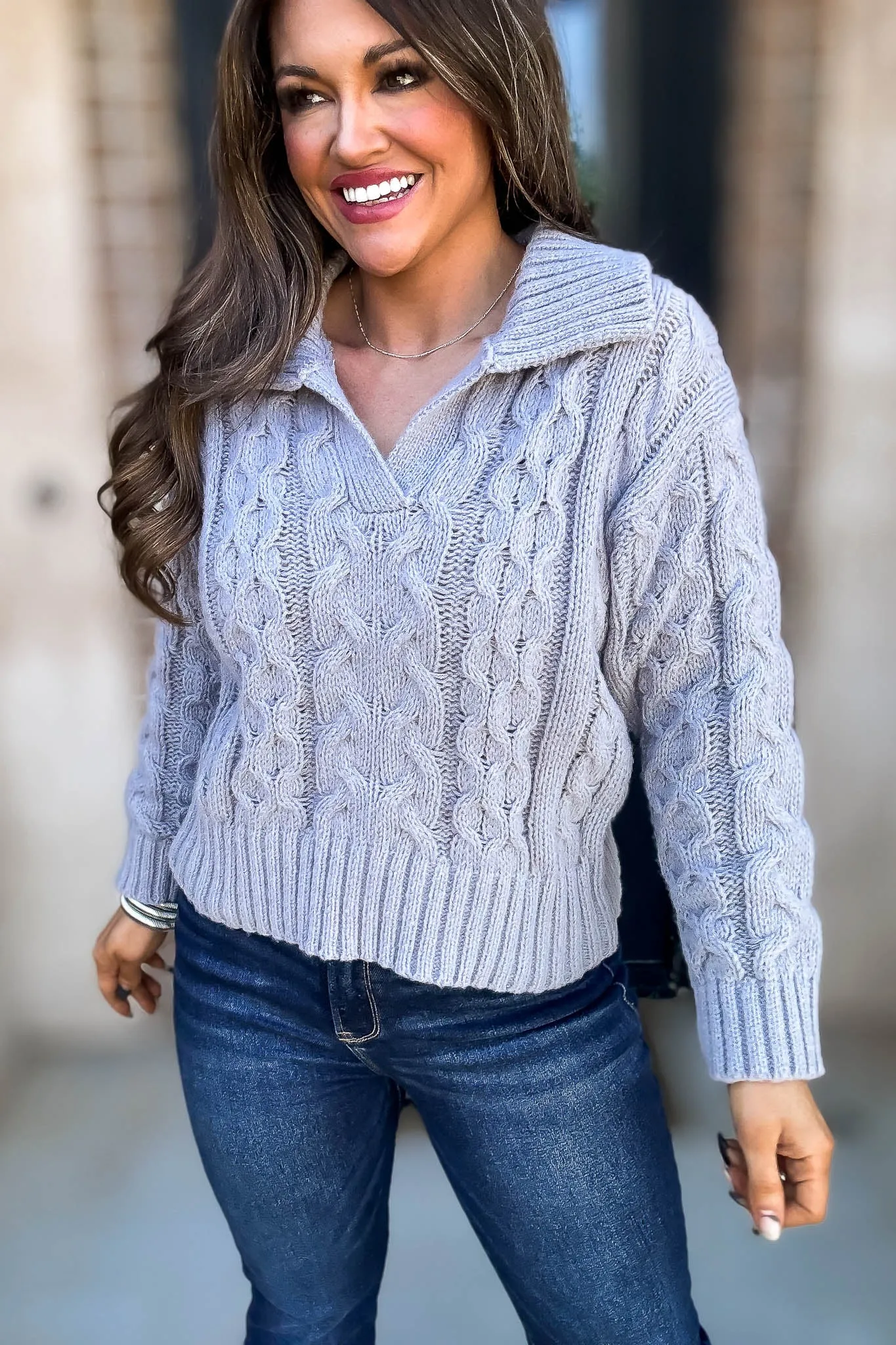 Heather Grey Long Sleeve V-Neck Cable Knit Sweater