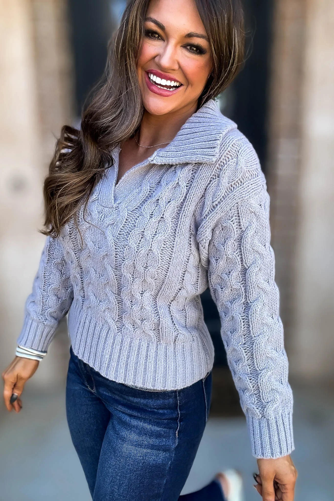 Heather Grey Long Sleeve V-Neck Cable Knit Sweater