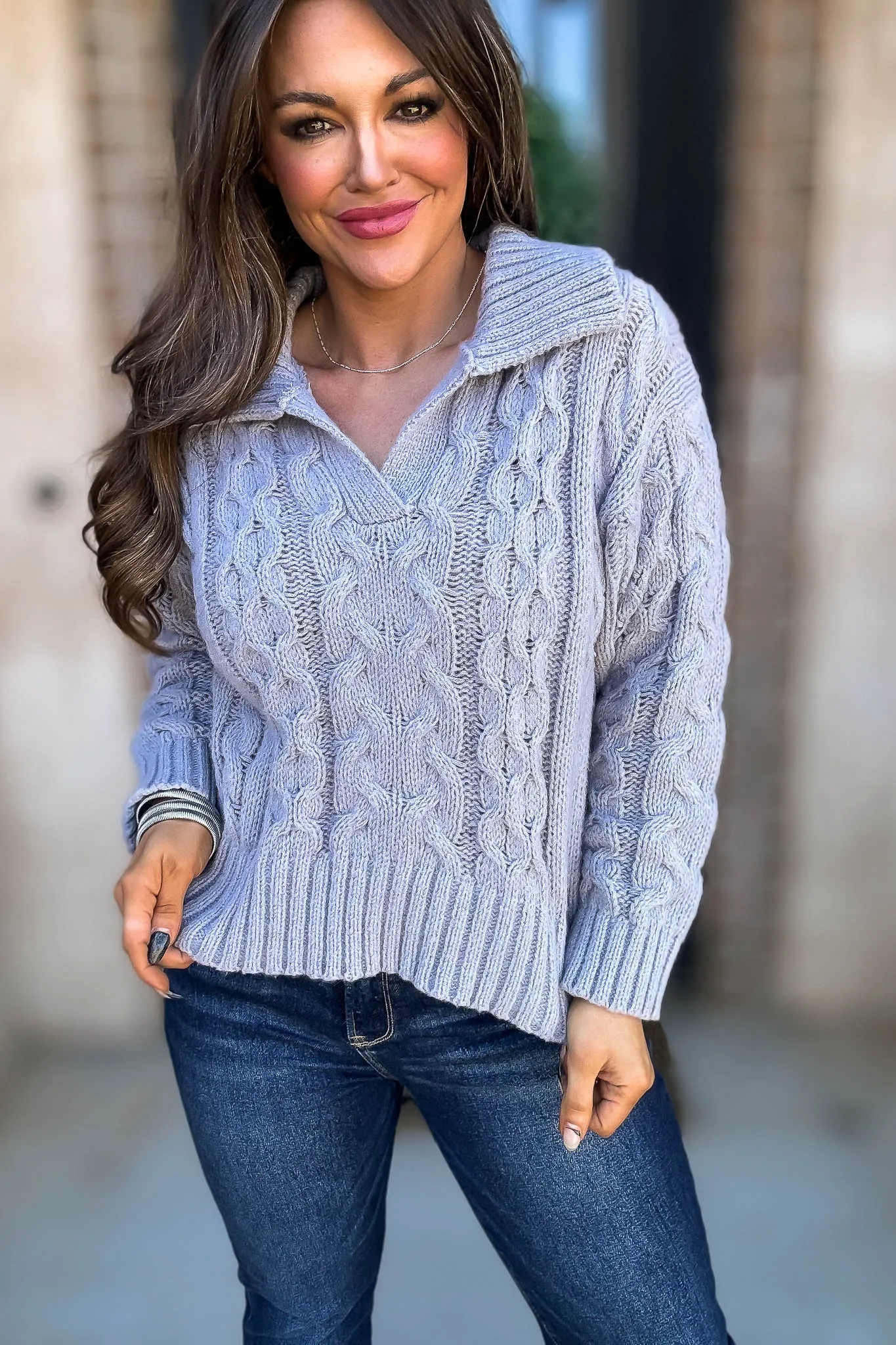 Heather Grey Long Sleeve V-Neck Cable Knit Sweater