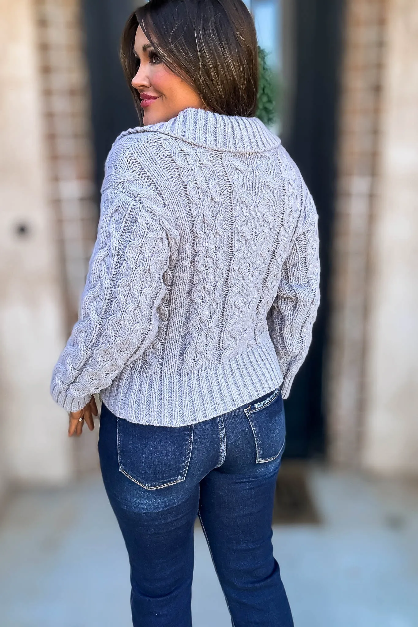 Heather Grey Long Sleeve V-Neck Cable Knit Sweater