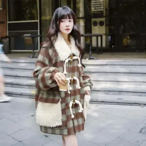 Horn Button Plaid Wool Winter Coat for Women