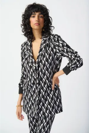 Joseph Ribkoff Black/Moonstone Wavy Geometric Print Longline Blazer Jacket 241147