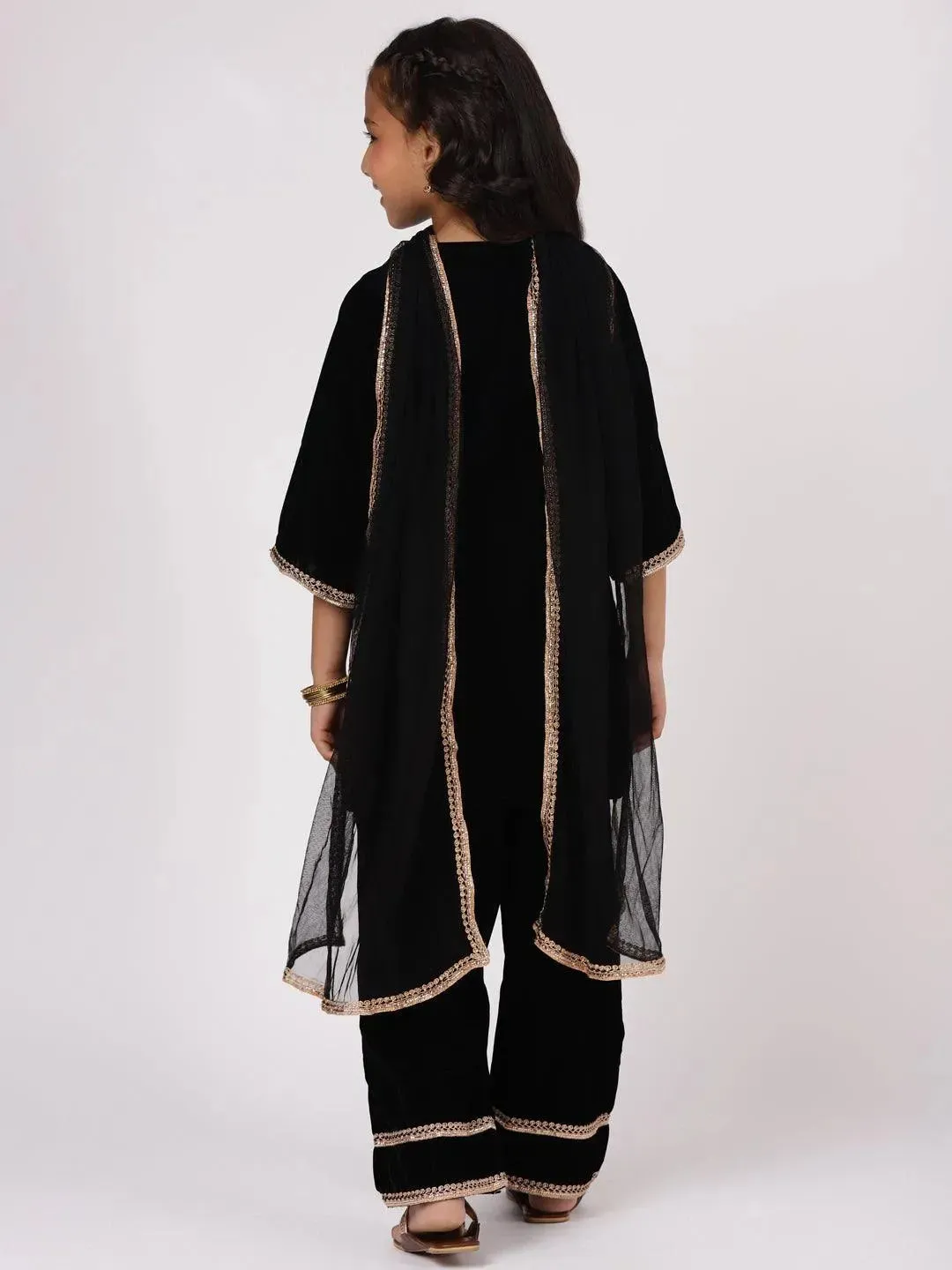 Kids Black Solid Velvet Straight Kurta With Palazzos & Dupatta