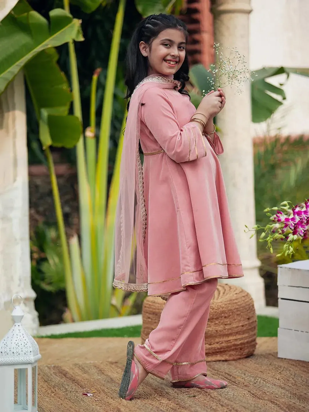 Kids Pink Solid Velvet Anarkali Kurta With Palazzos & Dupatta