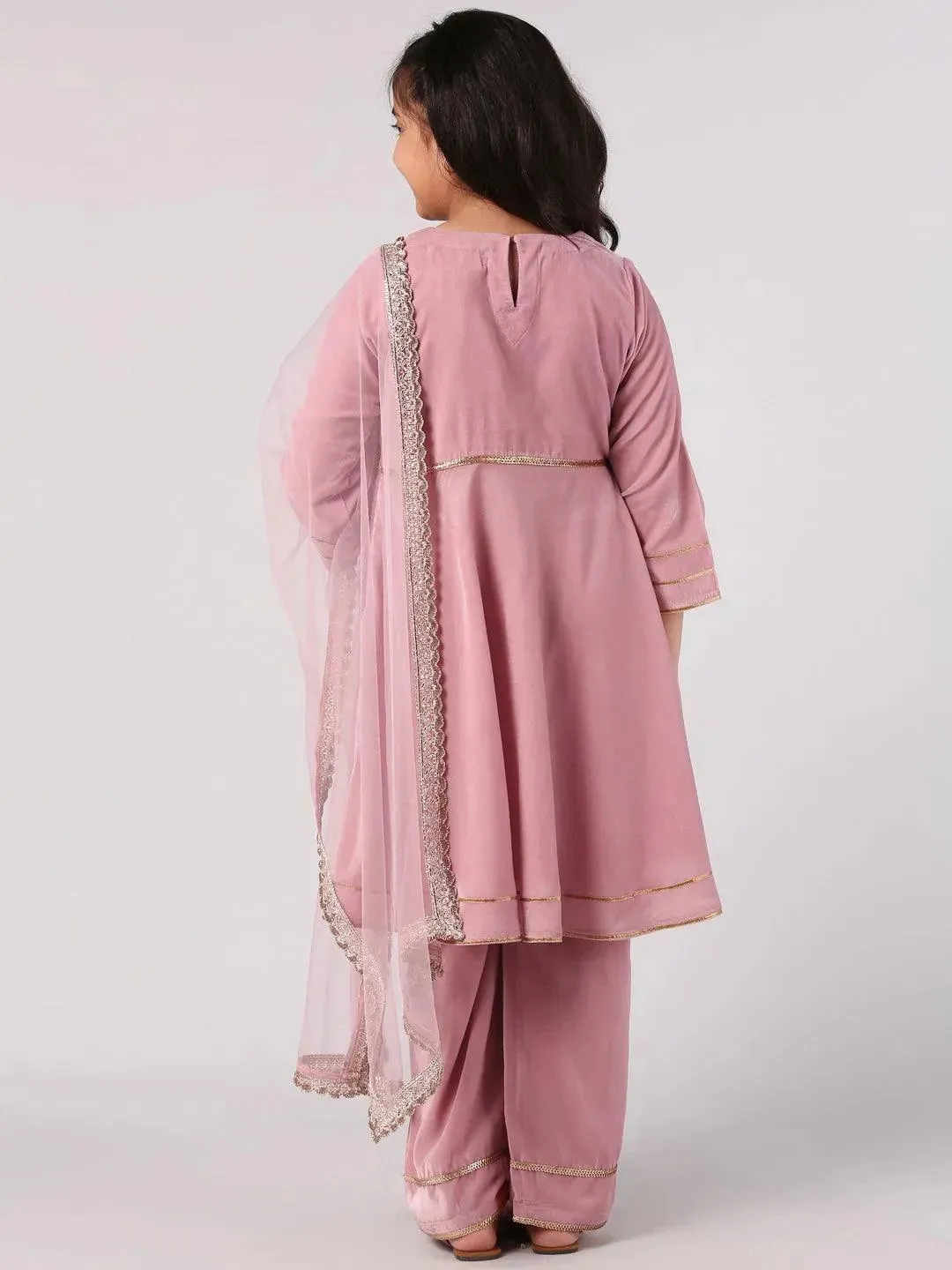 Kids Pink Solid Velvet Anarkali Kurta With Palazzos & Dupatta