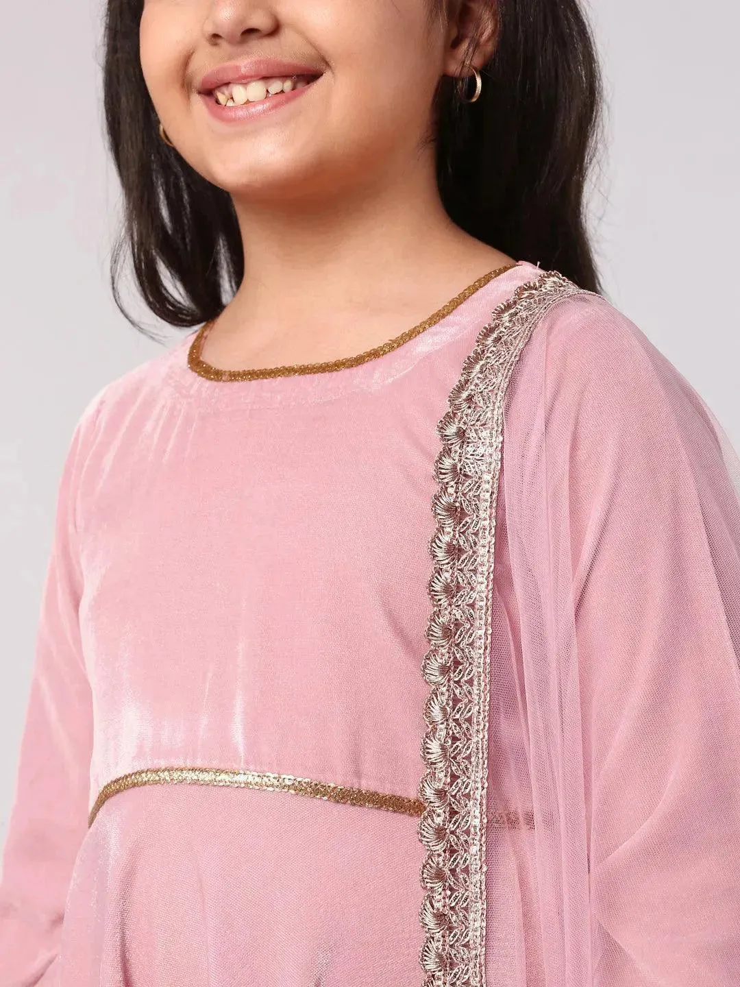 Kids Pink Solid Velvet Anarkali Kurta With Palazzos & Dupatta