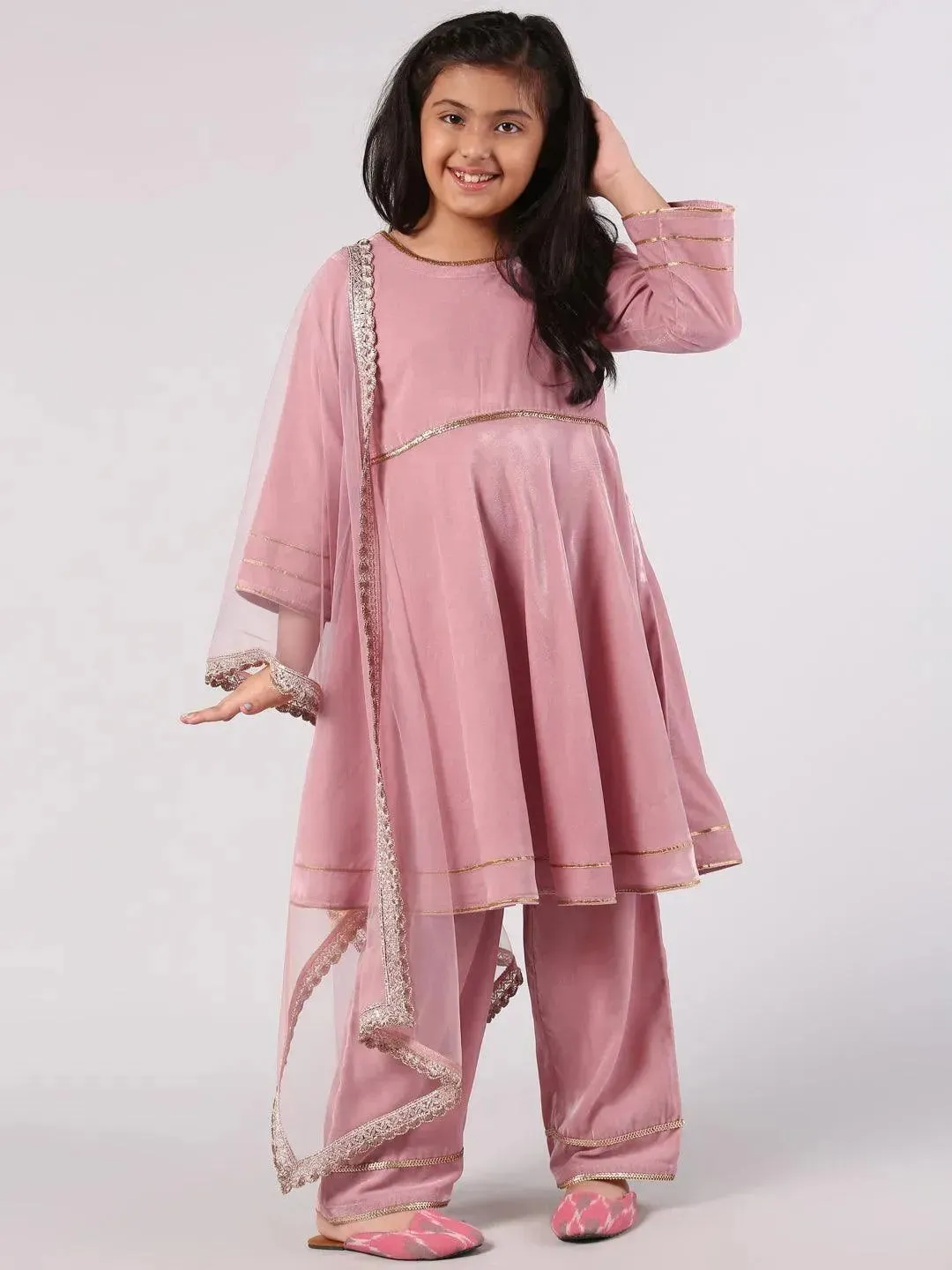 Kids Pink Solid Velvet Anarkali Kurta With Palazzos & Dupatta