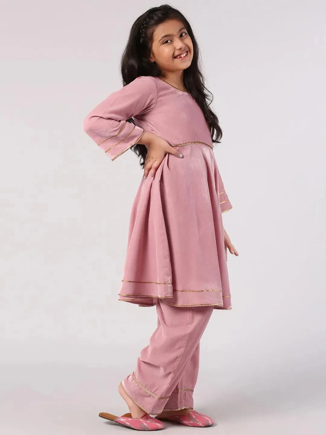 Kids Pink Solid Velvet Anarkali Kurta With Palazzos & Dupatta