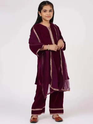 Kids Purple Solid Velvet Straight Kurta With Palazzos & Dupatta