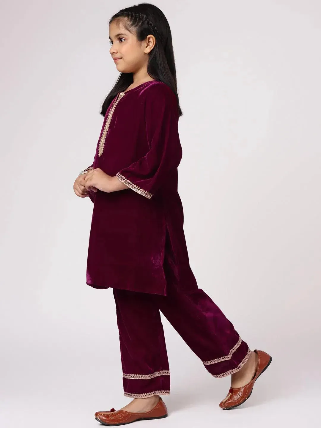 Kids Purple Solid Velvet Straight Kurta With Palazzos & Dupatta