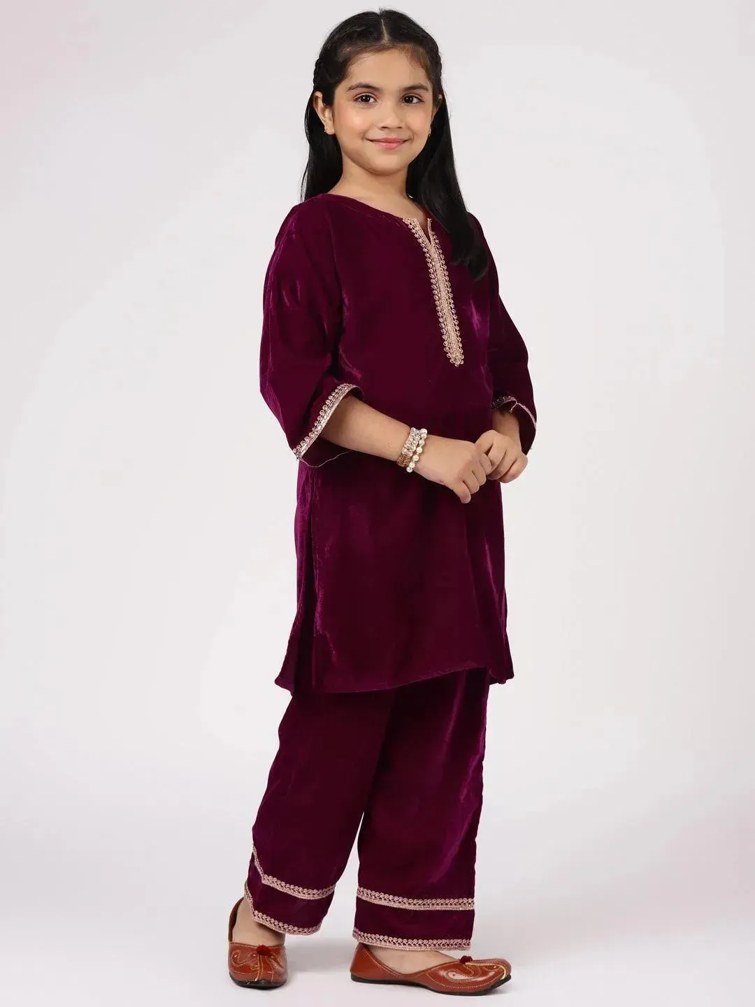 Kids Purple Solid Velvet Straight Kurta With Palazzos & Dupatta