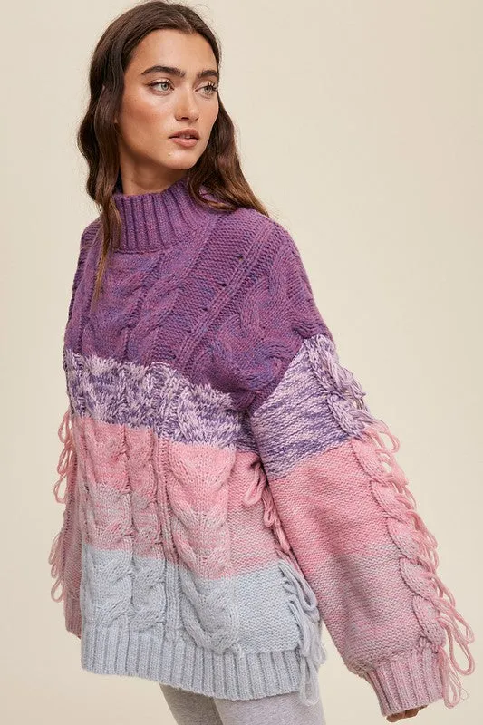 Lavender Multi Chunky Cable Knit Striped Fringe Detail Sweater