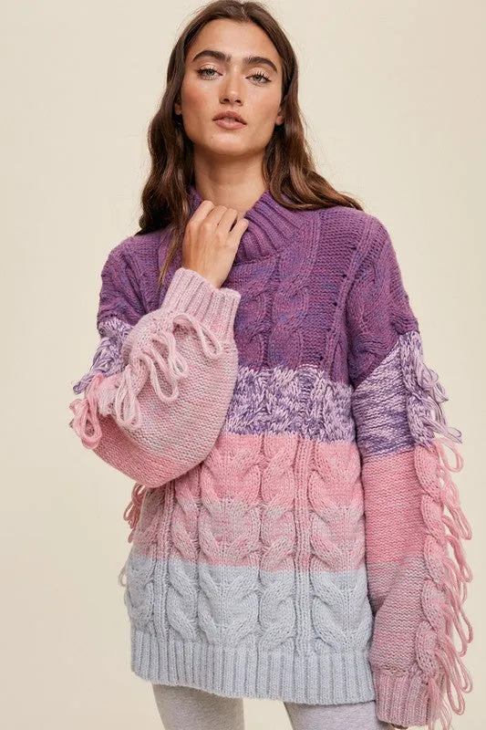 Lavender Multi Chunky Cable Knit Striped Fringe Detail Sweater