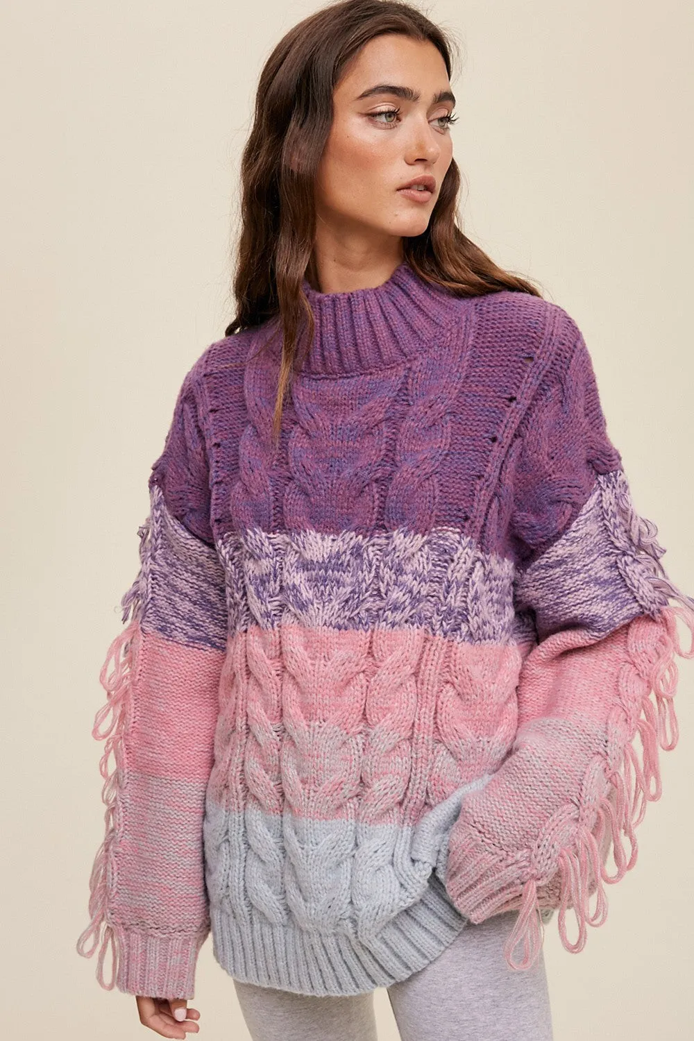 Lavender Multi Chunky Cable Knit Striped Fringe Detail Sweater