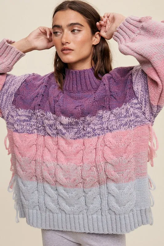 Lavender Multi Chunky Cable Knit Striped Fringe Detail Sweater