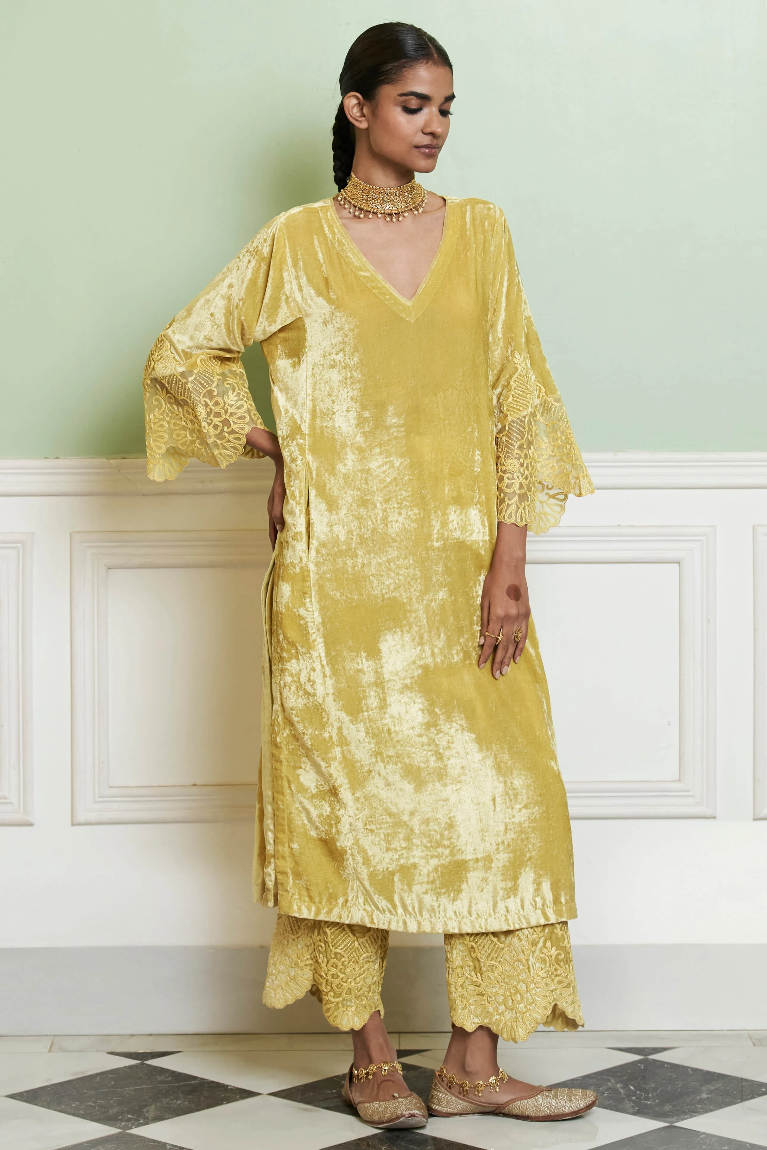 Lemon Yellow Velvet Straight Kurta Set