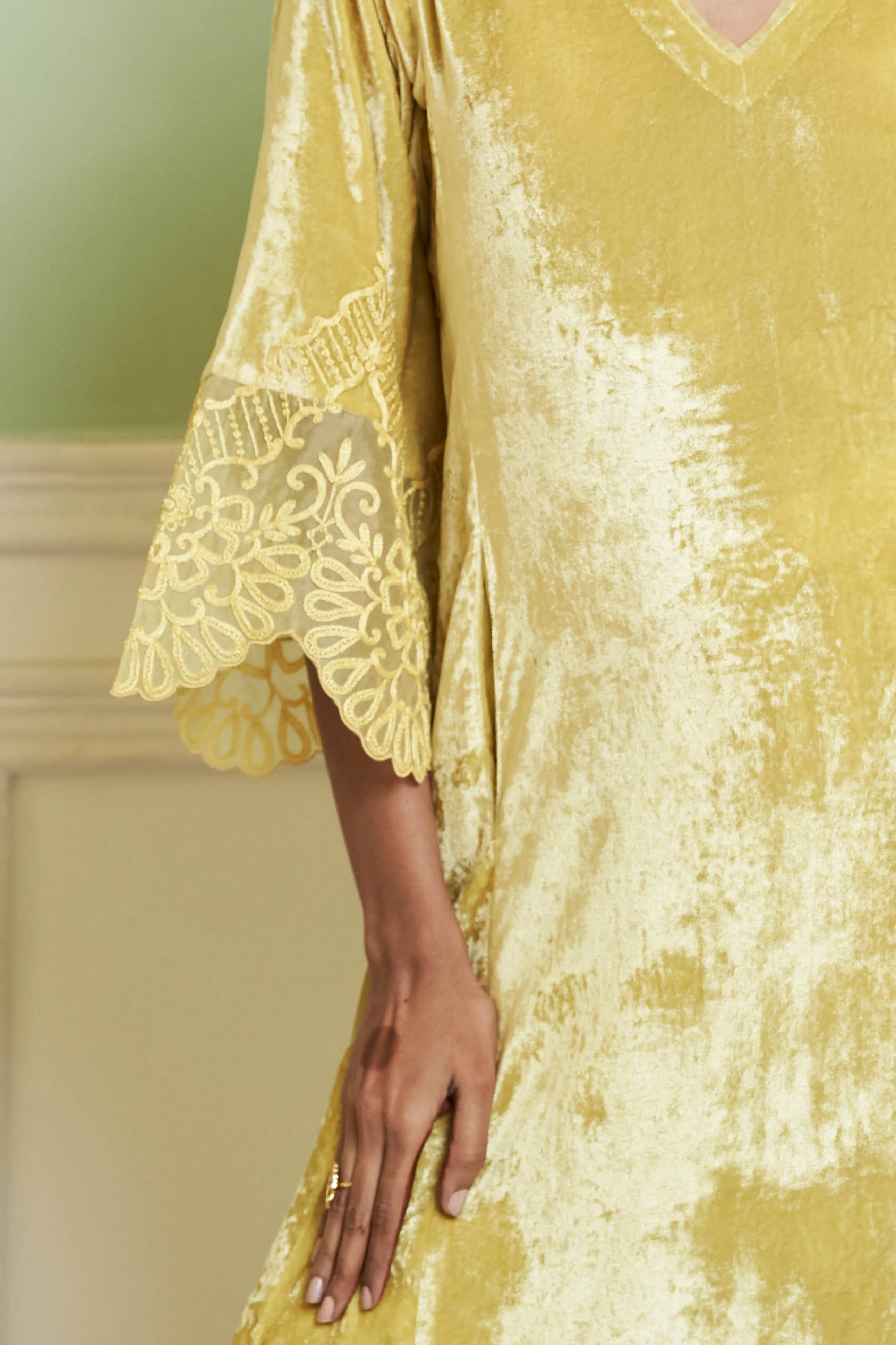 Lemon Yellow Velvet Straight Kurta Set