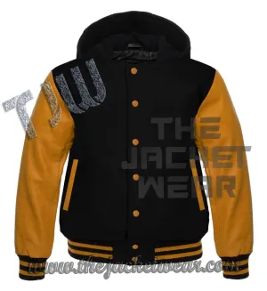 Lettermen Hoodies Black Wool & Gold Leather Sleeve with Black/GoldTrim