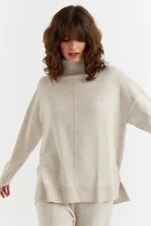 Light-Oatmeal Wool-Cashmere Relaxed Rollneck Sweater