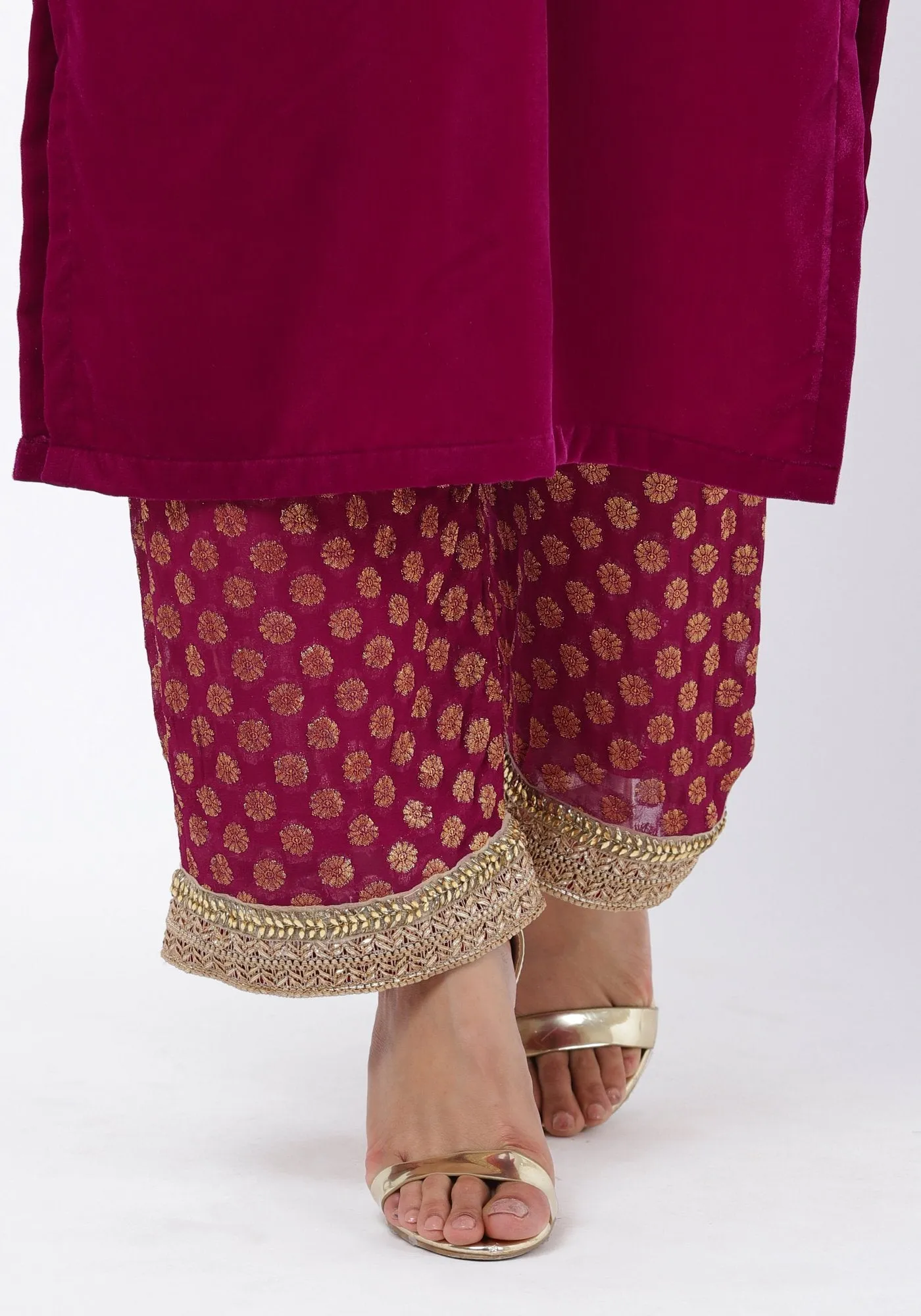 Magenta Addict Velvet Kurti with Banarsi Palazzo