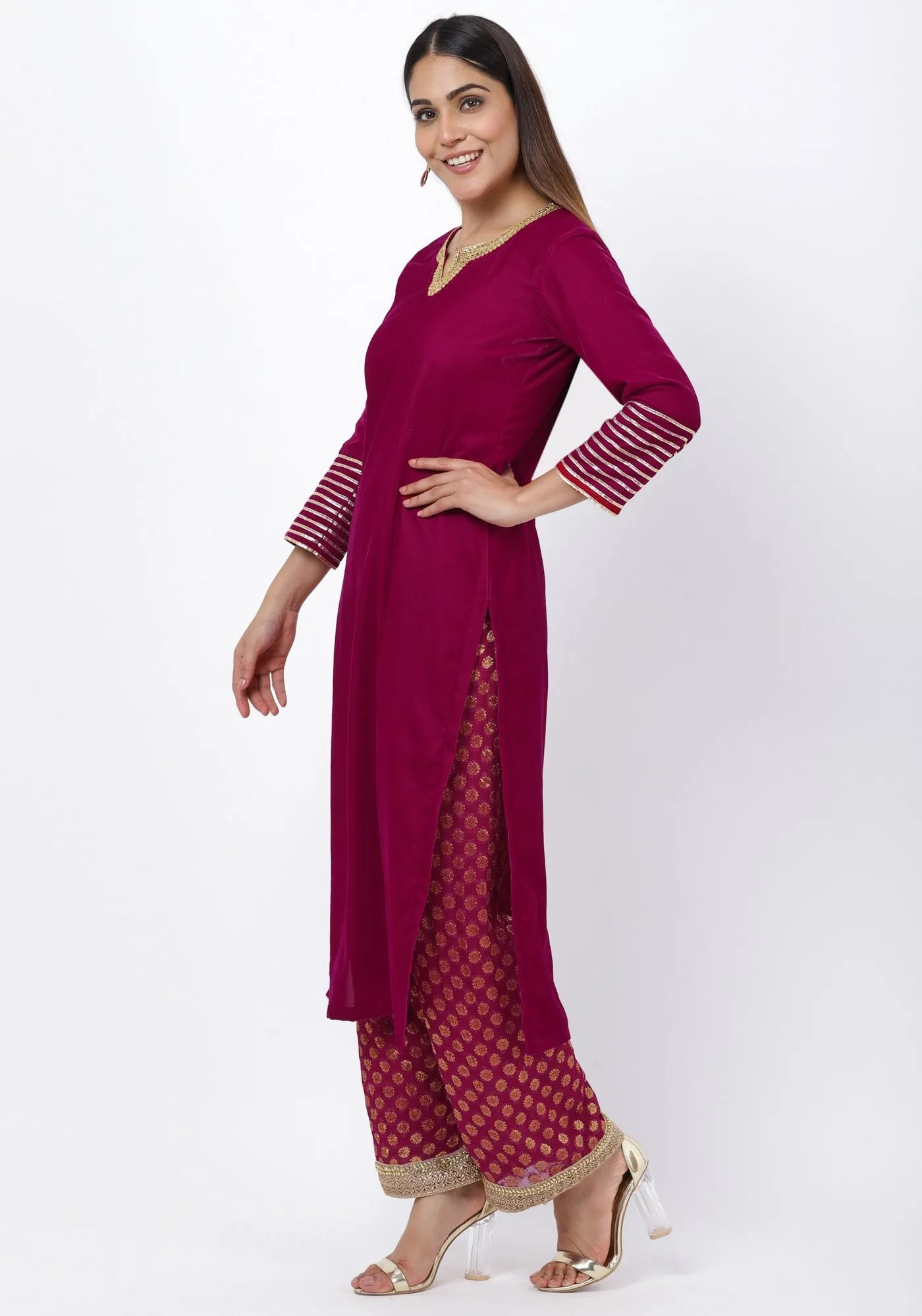 Magenta Addict Velvet Kurti with Banarsi Palazzo