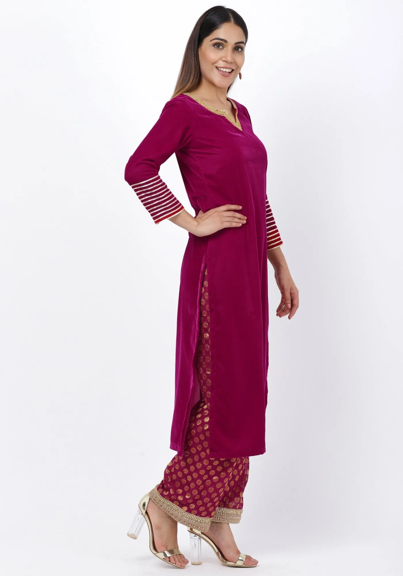 Magenta Addict Velvet Kurti with Banarsi Palazzo