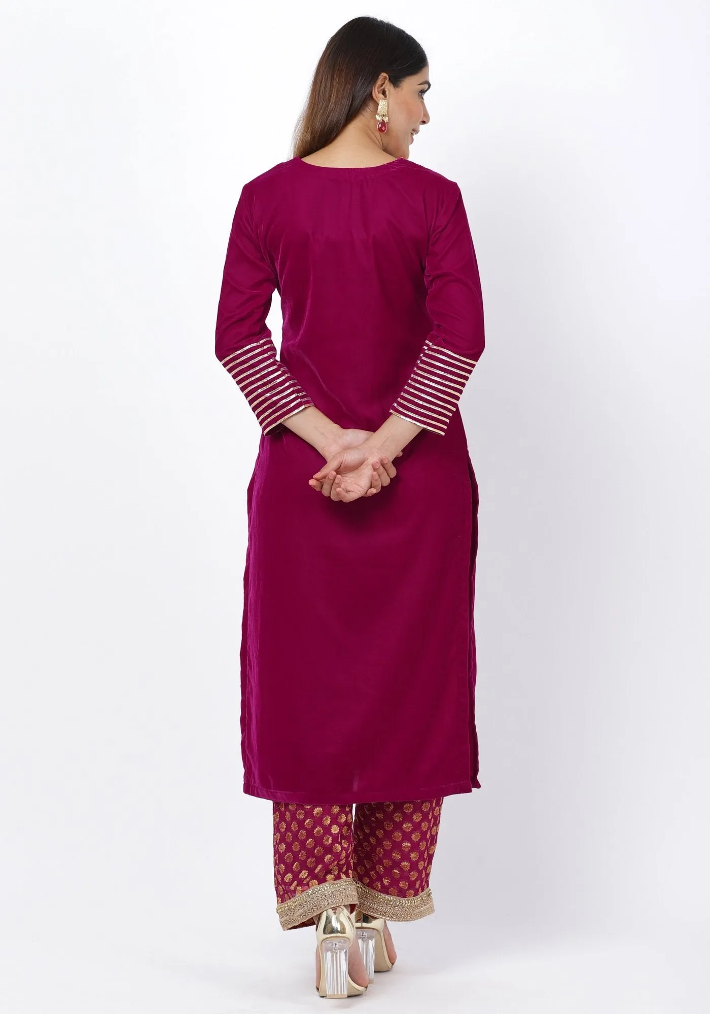 Magenta Addict Velvet Kurti with Banarsi Palazzo