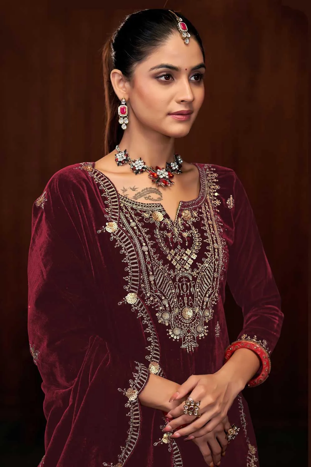 Maroon Color Function Wear Winsome Velvet Palazzo Suit