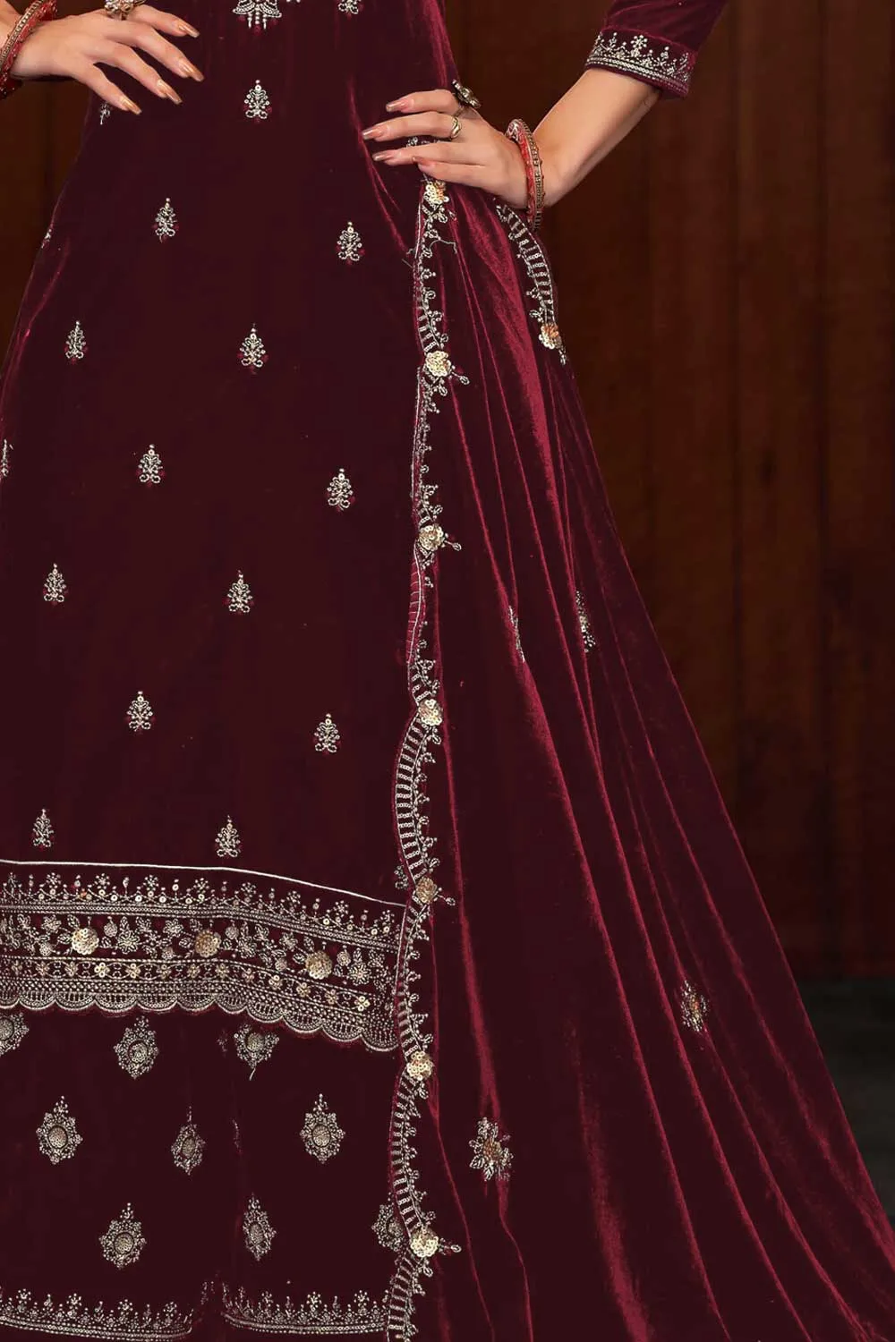 Maroon Color Function Wear Winsome Velvet Palazzo Suit