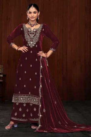 Maroon Color Function Wear Winsome Velvet Palazzo Suit