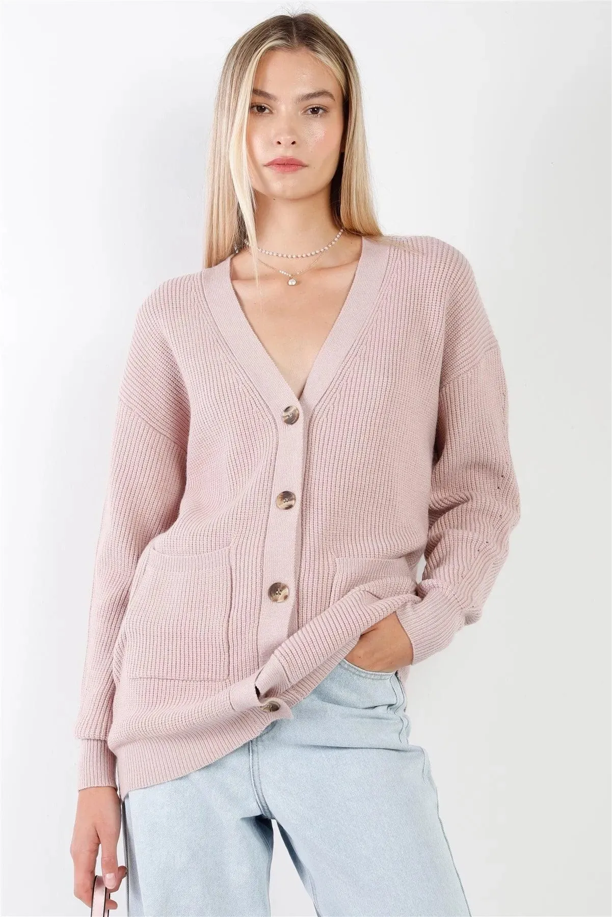 Mauve Knit Oversized V-Neck Long Sleeve Front Pockets Buttoned Front Long Cardigan /3-2-1